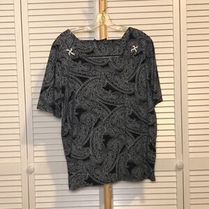 Jones New York Signature Navy Paisley Square Neckline Short Sleeve Top 1X